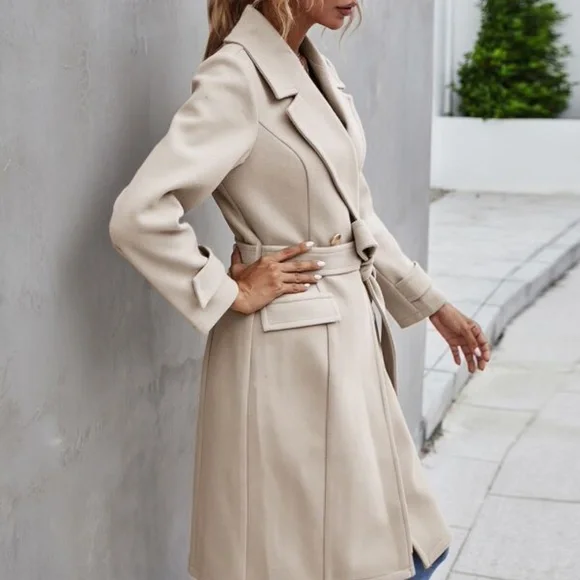 Cream Button up Trench Pea Coat Minimalist Classic - Picture 3 of 4